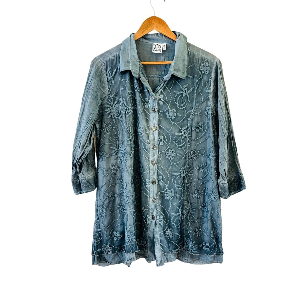 Parsley & Sage Embroidered Button Tunic Top Womens Size 1X Blue Sheer Boho